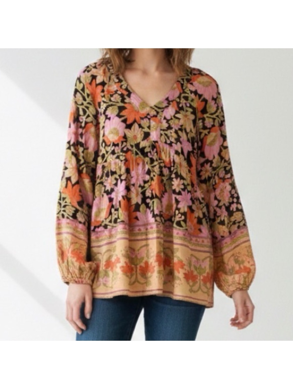 Mittoshop Boho Whimsigoth Indie Folk Floral Rayon V-neck Blouse- small